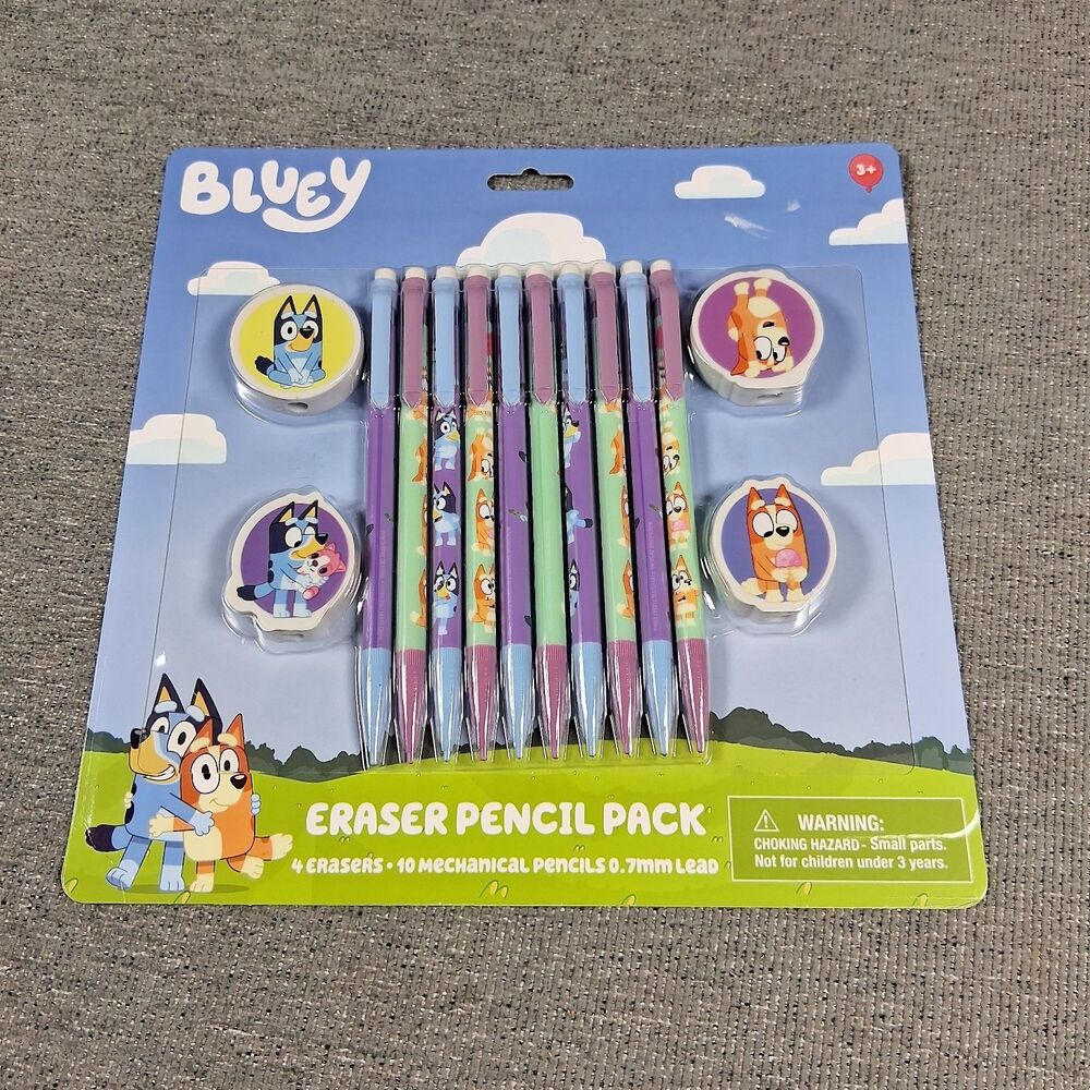 Official Bluey Eraser Pencil Pack 10 Mechanical Pencils 4 Erasers School Kids